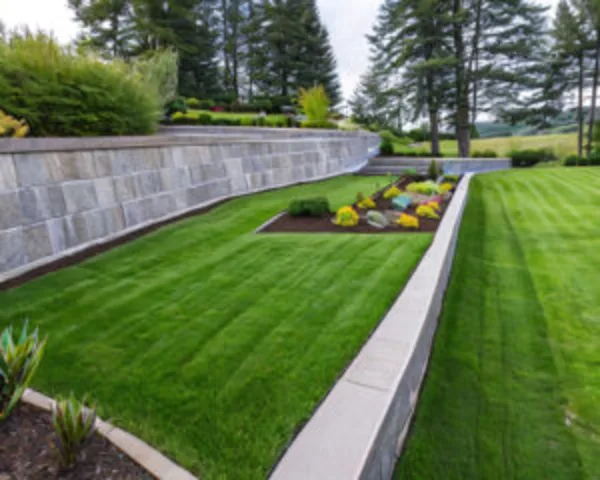 Concrete retaining wall supporting a landscaped garden with green grass and flower beds.