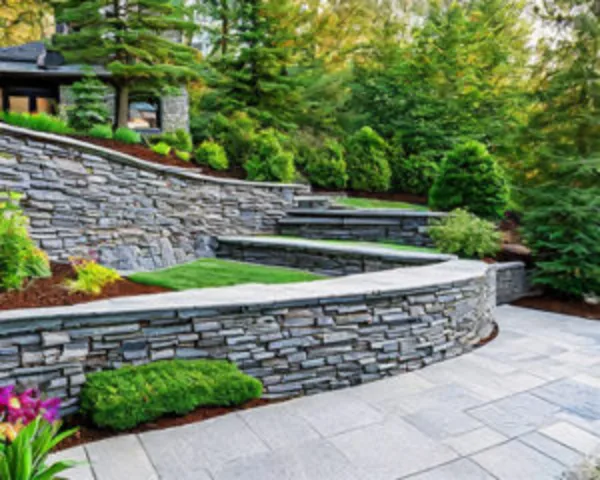 Tiered stone retaining walls with landscaped garden and neatly trimmed greenery.